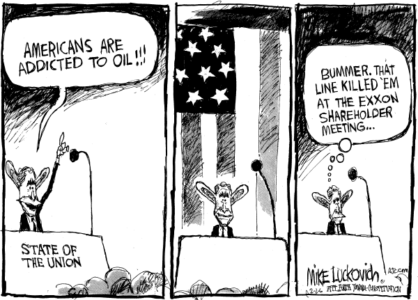 Political cartoon on US Addicted to Oil, Oilman Says by Mike Luckovich, Atlanta Journal-Constitution