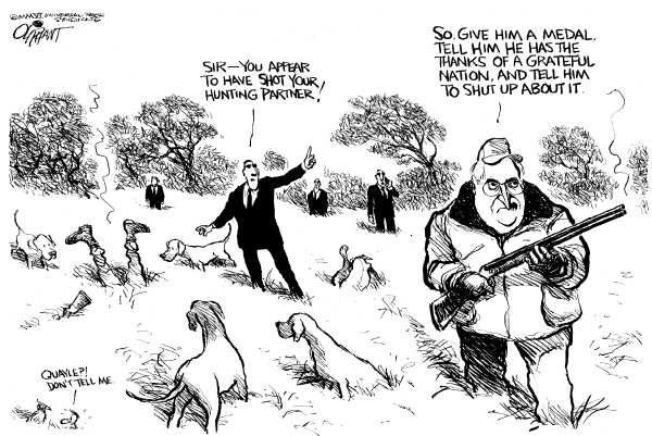 Political cartoon on Cheney Shoots Lawyer by Pat Oliphant, Universal Press Syndicate