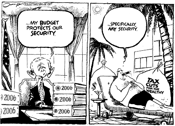 Political cartoon on Budget Cuts Spare the Military by Jack Ohman, The Oregonian