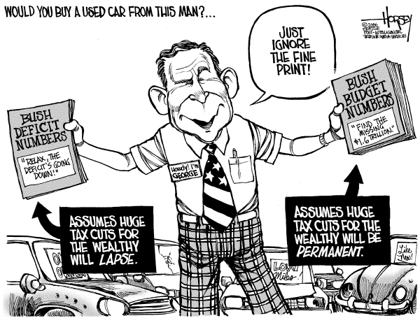 Political cartoon on Bush Working Harder Than Ever by David Horsey, Seattle Post-Intelligencer