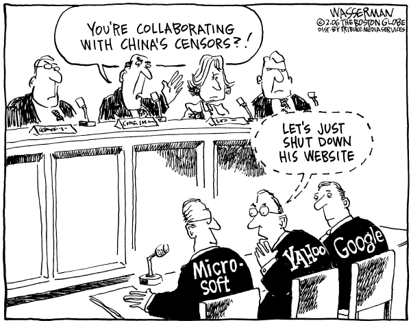 Political cartoon on Google's China Policy Under Fire by Dan Wasserman, Boston Globe