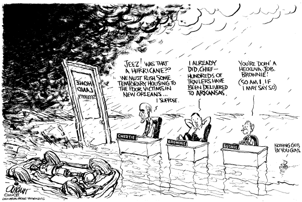 Political cartoon on Katrina Still Causing Problems by Pat Oliphant, Universal Press Syndicate