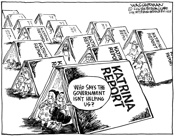 Political cartoon on Katrina Still Causing Problems by Dan Wasserman, Boston Globe