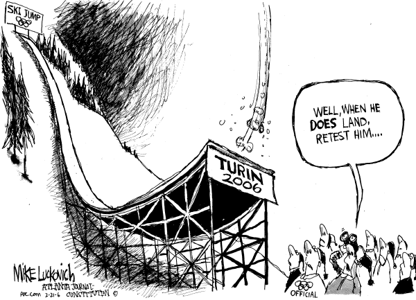 Political cartoon on Winter Olympics Bring Surprises by Mike Luckovich, Atlanta Journal-Constitution