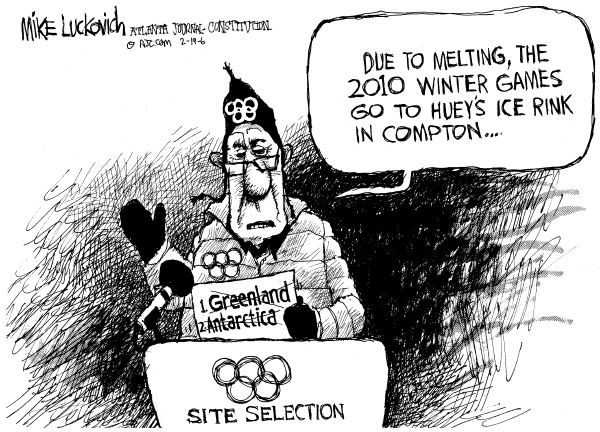 Political cartoon on Winter Olympics Bring Surprises by Mike Luckovich, Atlanta Journal-Constitution
