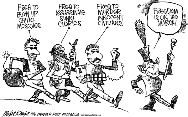 Political cartoon on Unprecedented Progress in Iraq by Mike Keefe, Denver Post