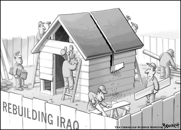Political cartoon on Unprecedented Progress in Iraq by Clay Bennett, Christian Science Monitor