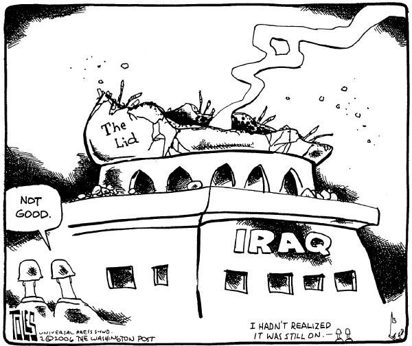 Political cartoon on Unprecedented Progress in Iraq by Tom Toles, Washington Post