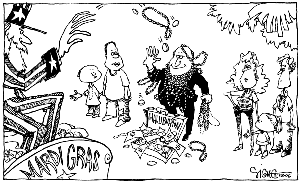 Political cartoon on New Oleans Celebrates by Signe Wilkinson, Philadelphia Daily News