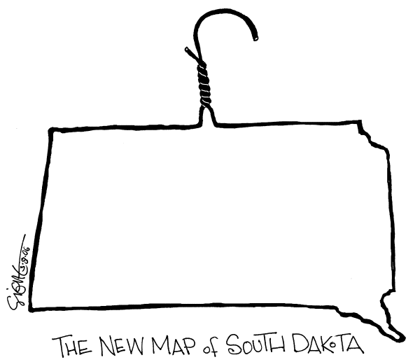 Political cartoon on South Dakota Outlaws Abortion by Signe Wilkinson, Philadelphia Daily News