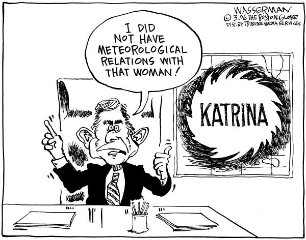 Political cartoon on Video Contadicts Bush's Katrina Account by Dan Wasserman, Boston Globe