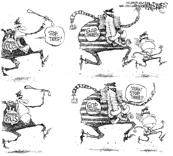 Political cartoon on Bush's Rating Approaches New Record by Matt Davies, Journal News
