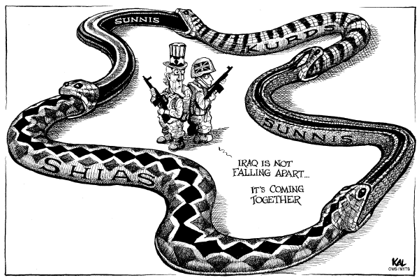 Political cartoon on US Fine-Tuning Iraq Strategy by KAL (Kevin Kallaugher), The Economist, London, CWS/CartoonArts Intl.
