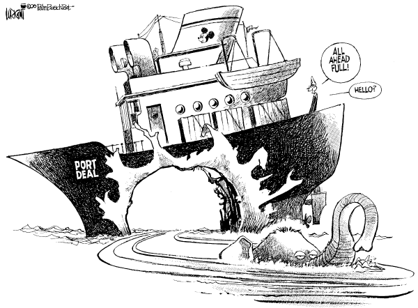 Political cartoon on Port Deal Collapses by Don Wright, Palm Beach Post