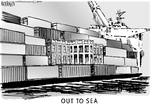 Political cartoon on Port Deal Collapses by Rex Babin, Sacramento Bee