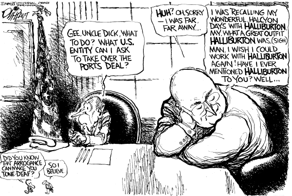 Political cartoon on Port Deal Collapses by Pat Oliphant, Universal Press Syndicate