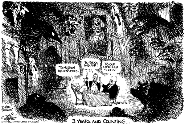 Editorial Cartoon by Pat Oliphant, Universal Press Syndicate on White House Celebrates Iraq War Anniversary