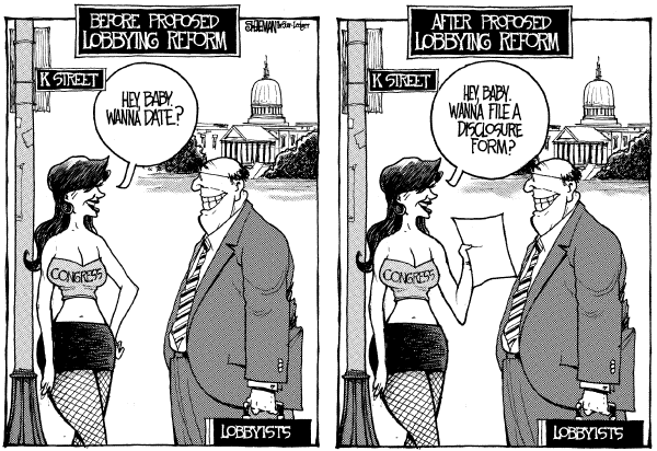 Editorial Cartoon by Drew Sheneman, Newark Star Ledger on Lobby Reform Passed