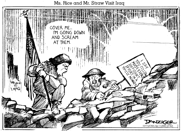 Editorial Cartoon by Jeff Danziger, CWS/CartoonArts Intl. on Rice Calls for Change in Iraq