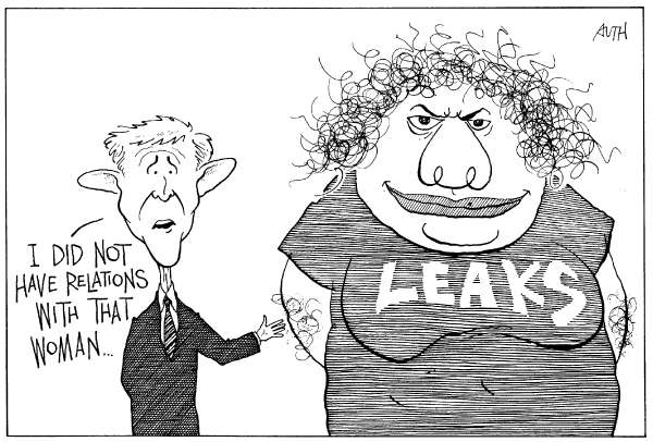 Editorial Cartoon by Tony Auth, Philadelphia Inquirer on Leak Was for Good of Nation, Bush Says