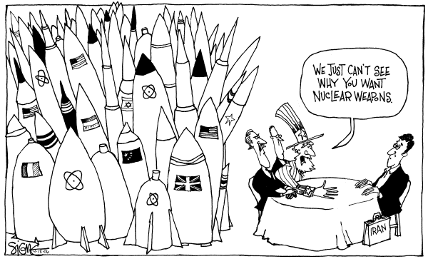Editorial Cartoon by Signe Wilkinson, Philadelphia Daily News on Bush Seeks Diplomatic Solution on Iran