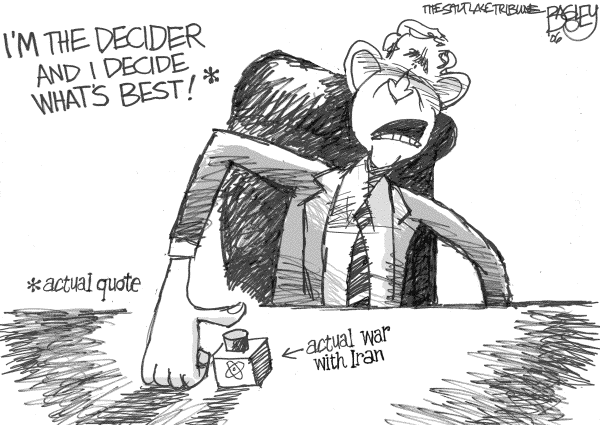 Editorial Cartoon by Pat Bagley, Salt Lake Tribune on Bush Seeks Diplomatic Solution on Iran