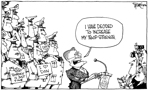 Editorial Cartoon by Signe Wilkinson, Philadelphia Daily News on Pressure Mounts on Rumsfeld