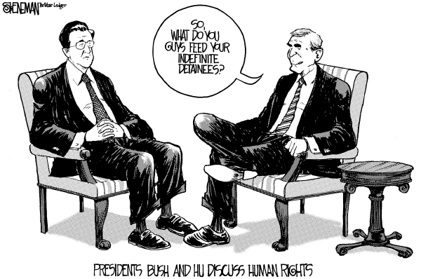 Editorial Cartoon by Drew Sheneman, Newark Star Ledger on China's President Visits US