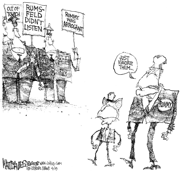 Editorial Cartoon by Matt Davies, Journal News on Rumsfeld Stays Put