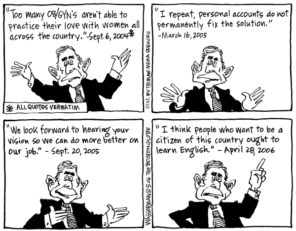 Editorial Cartoon by Dan Wasserman, Boston Globe on President Pitches His Plans