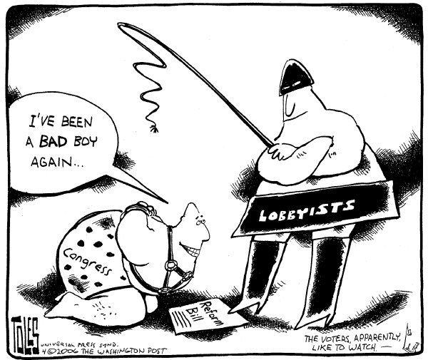 Editorial Cartoon by Tom Toles, Washington Post on Congress Pleased With Lobby Reform
