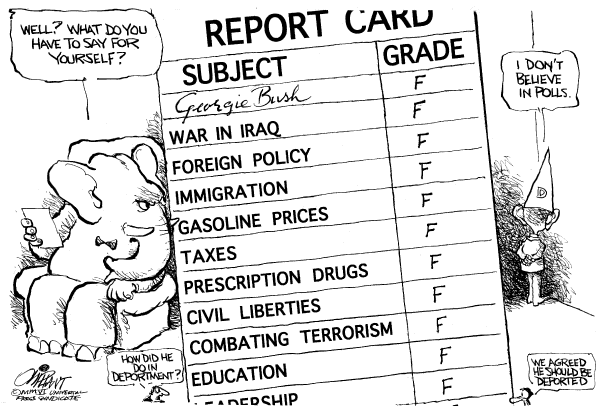 Editorial Cartoon by Pat Oliphant, Universal Press Syndicate on President Defends Policies
