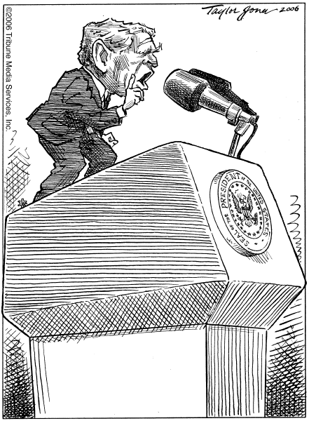 Editorial Cartoon by Taylor Jones, Tribune Media Services on President Defends Policies