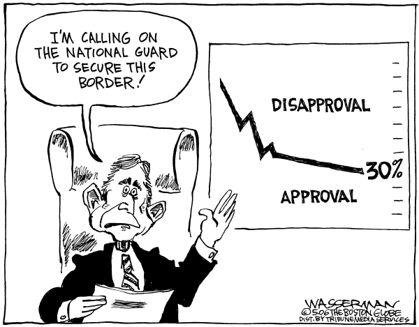 Editorial Cartoon by Dan Wasserman, Boston Globe on President Defends Policies