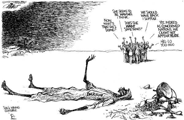Editorial Cartoon by Pat Oliphant, Universal Press Syndicate on Crisis In Darfur Almost Over