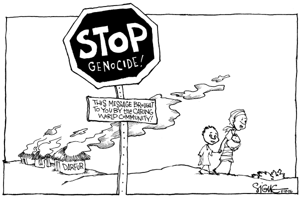 Editorial Cartoon by Signe Wilkinson, Philadelphia Daily News on Crisis In Darfur Almost Over