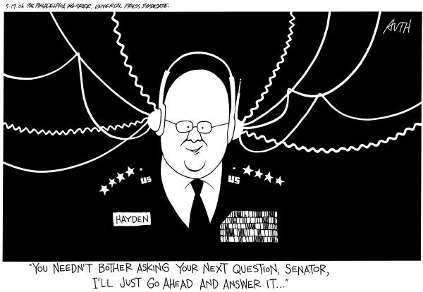 Editorial Cartoon by Tony Auth, Philadelphia Inquirer on Hayden Says Nothing to Alarm Committee