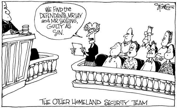Editorial Cartoon by Signe Wilkinson, Philadelphia Daily News on Lay and Skilling Convicted