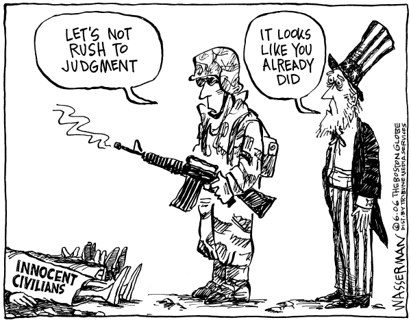 Editorial Cartoon by Dan Wasserman, Boston Globe on No Wrongdoing by Marines Found Yet