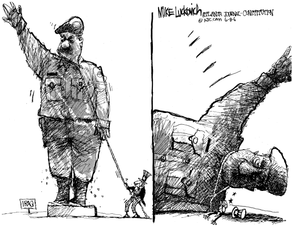 Editorial Cartoon by Mike Luckovich, Atlanta Journal-Constitution on No Wrongdoing by Marines Found Yet