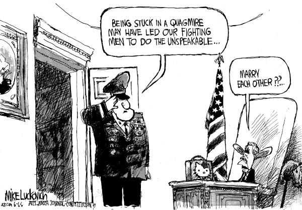 Editorial Cartoon by Mike Luckovich, Atlanta Journal-Constitution on No Wrongdoing by Marines Found Yet