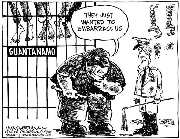 Editorial Cartoon by Dan Wasserman, Boston Globe on Guantanamo Prisoners Commit Suicide