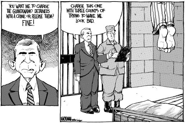 Editorial Cartoon by Drew Sheneman, Newark Star Ledger on Guantanamo Prisoners Commit Suicide