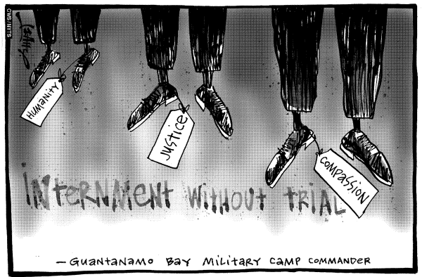 Editorial Cartoon by Sean Leahy, The Courier-Mail, Brisbane, Australia on Guantanamo Prisoners Commit Suicide