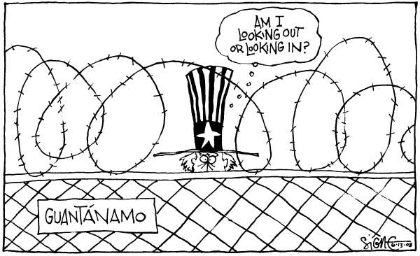 Editorial Cartoon by Signe Wilkinson, Philadelphia Daily News on Guantanamo Prisoners Commit Suicide