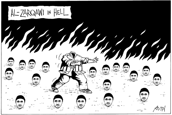 Editorial Cartoon by Tony Auth, Philadelphia Inquirer on Zarqawi Killed, Turning Point at Hand