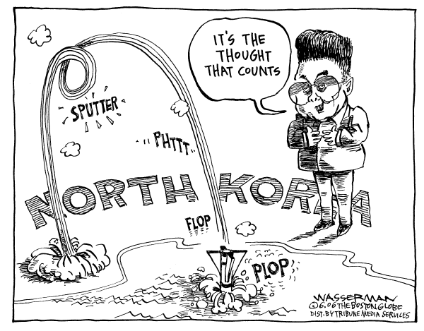 Editorial Cartoon by Dan Wasserman, Boston Globe on North Korea Test Fires Missiles