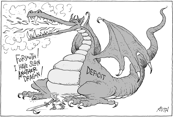 Editorial Cartoon by Tony Auth, Philadelphia Inquirer on US Deficit Lower Than Expected