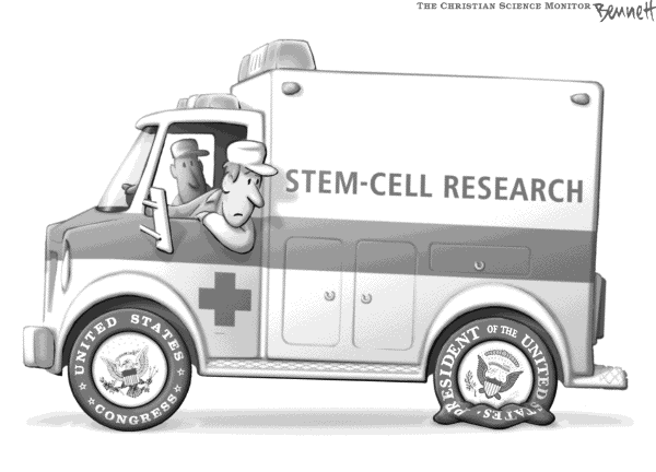 Editorial Cartoon by Clay Bennett, Christian Science Monitor on Bush Vetoes Stem Cell Bill