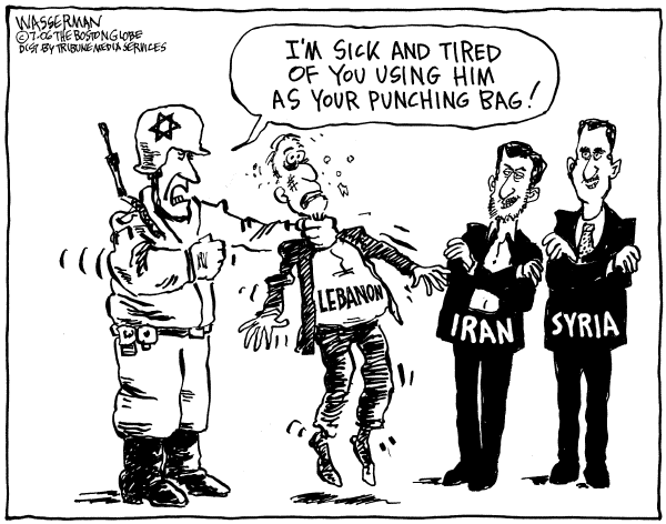 Editorial Cartoon by Dan Wasserman, Boston Globe on Fighting Escalates in Mideast